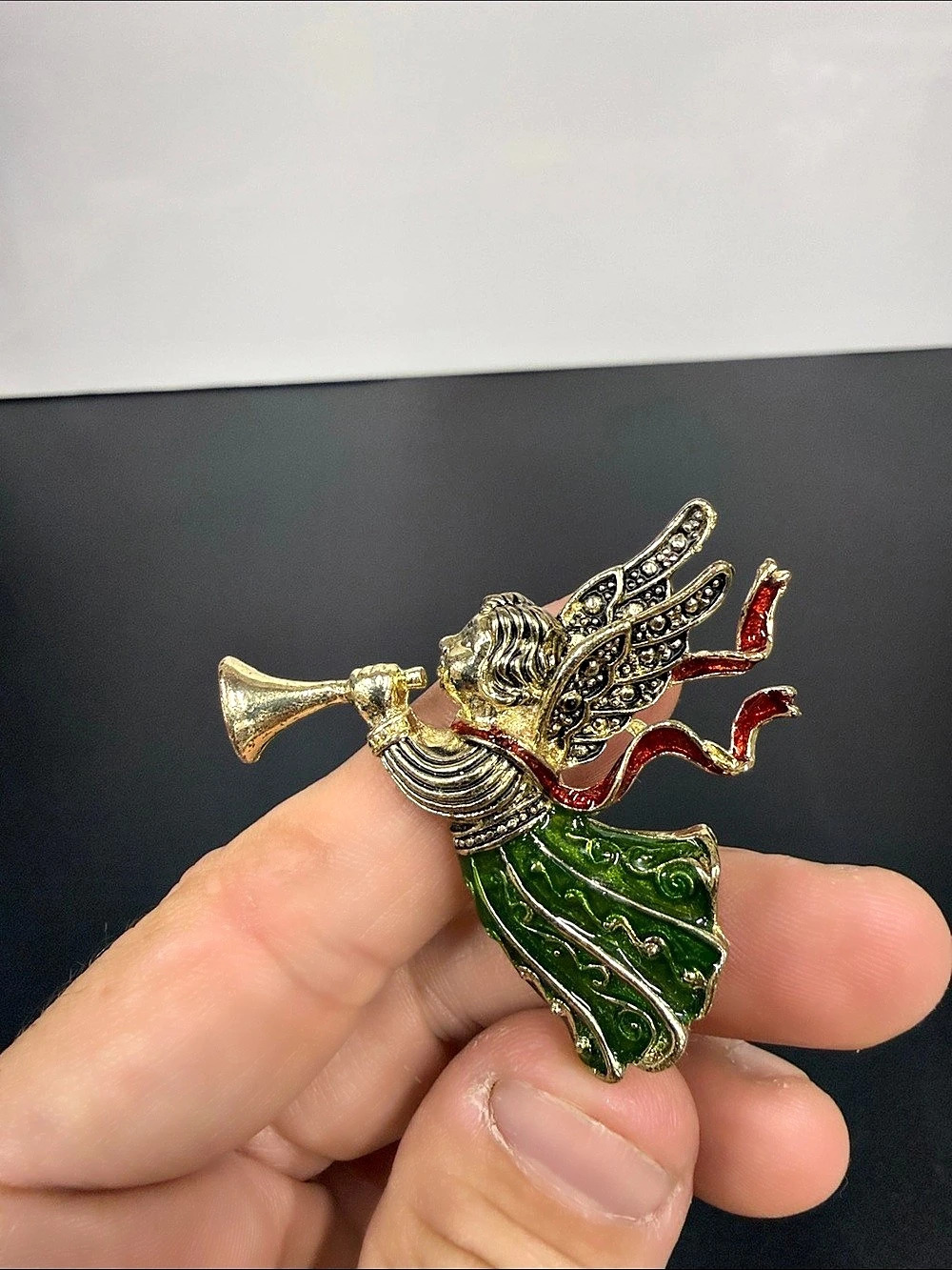 Vintage Style Christmas Angel Trumpet Brooch Green Red Enamel Rhinestone Pin
